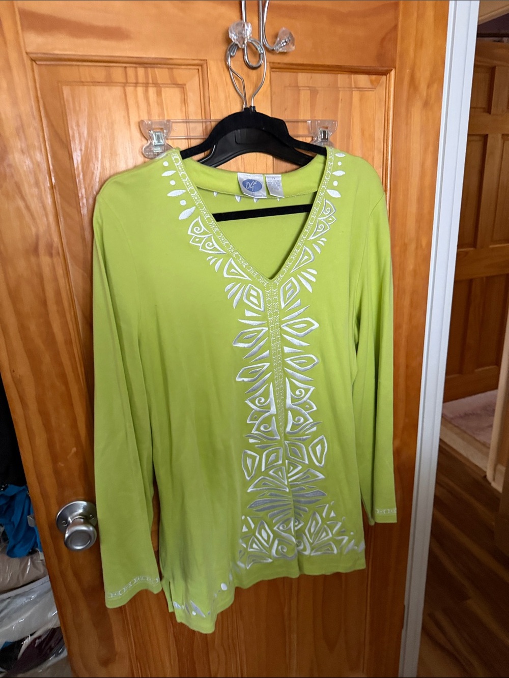 DG2 by Diane Gilman Lime V-Neck Tunic with Silver Tribal Print